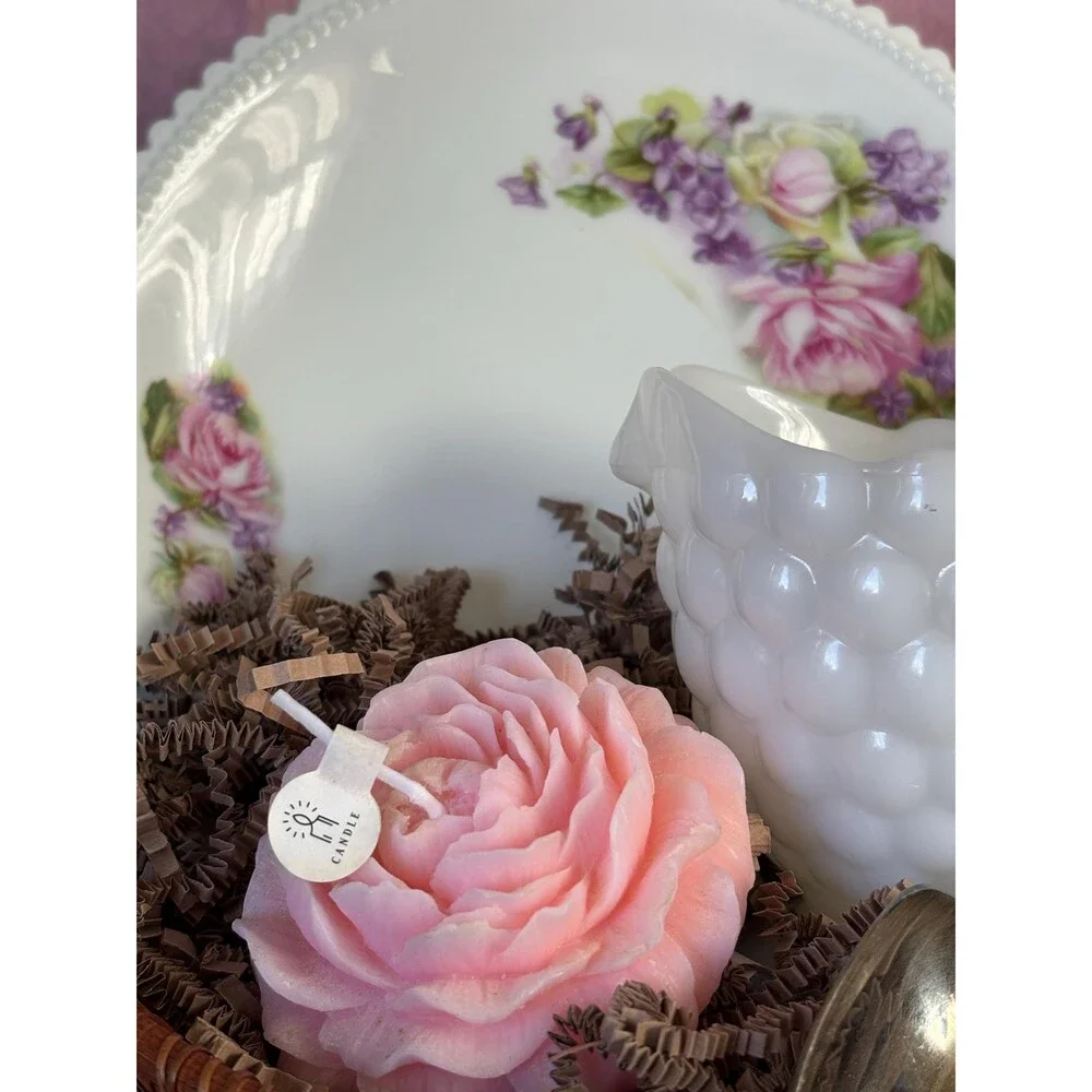 Vintage Milk Glass Creamer Gift Basket – Floral Plate, Pink Rose Candle, Cottage